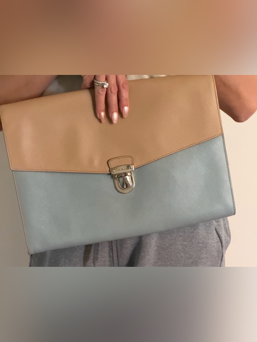 Prada Two-Tone Leather Envelope Clutch - Beige & Light Blue
